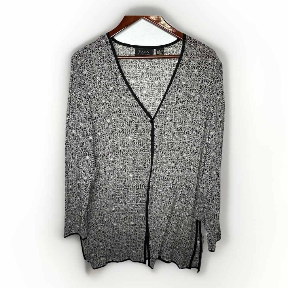 Dana Buchman Size 12 Boho Geometric Black & White V-Neck Cardigan Silk Coverup